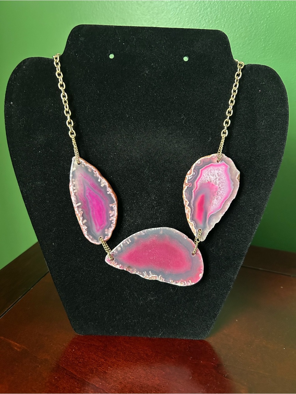 Gold Chain Pink Agate Slice Statement Necklace